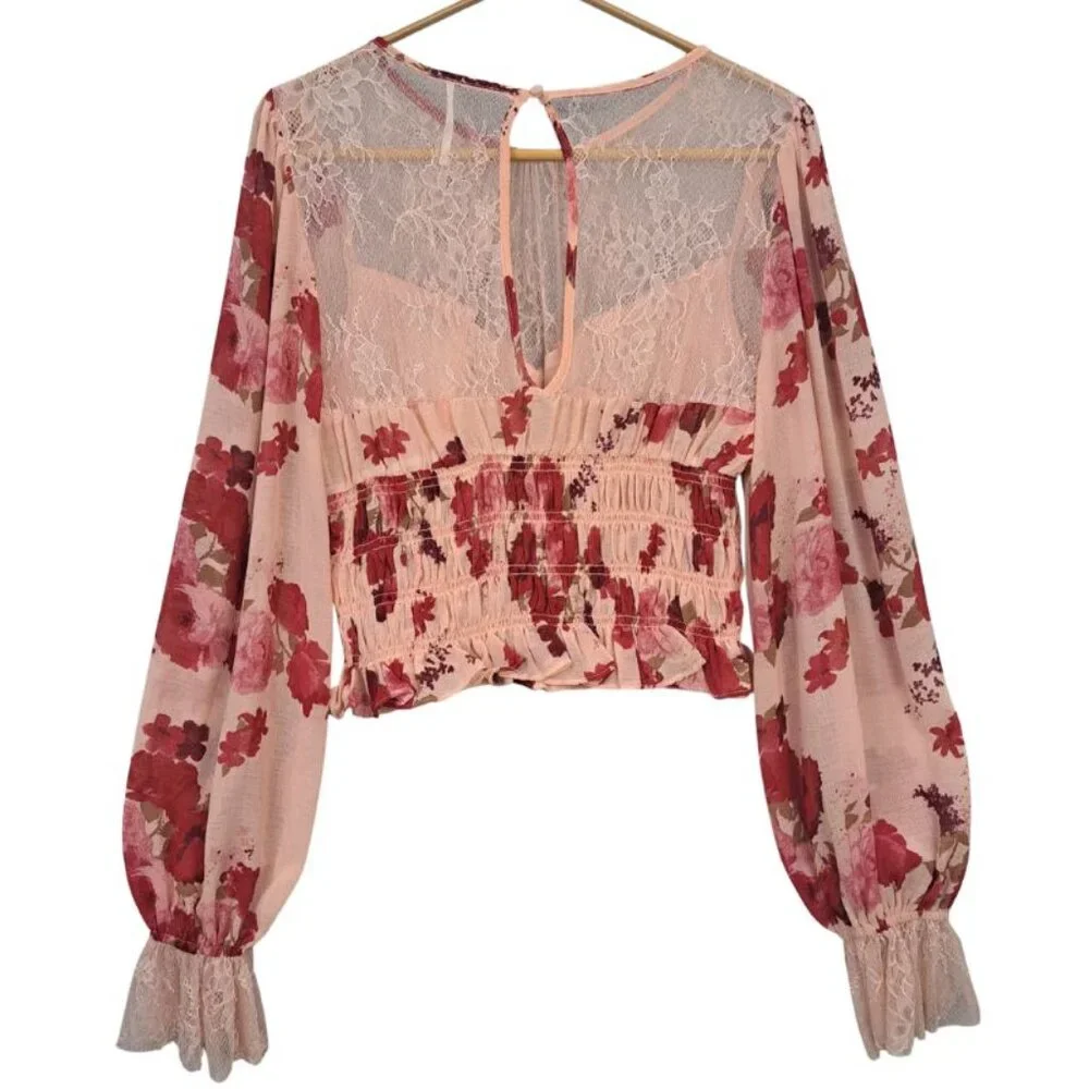 Free People Daphne Floral Lace Smocked Crop Top Romantic Combo Size M